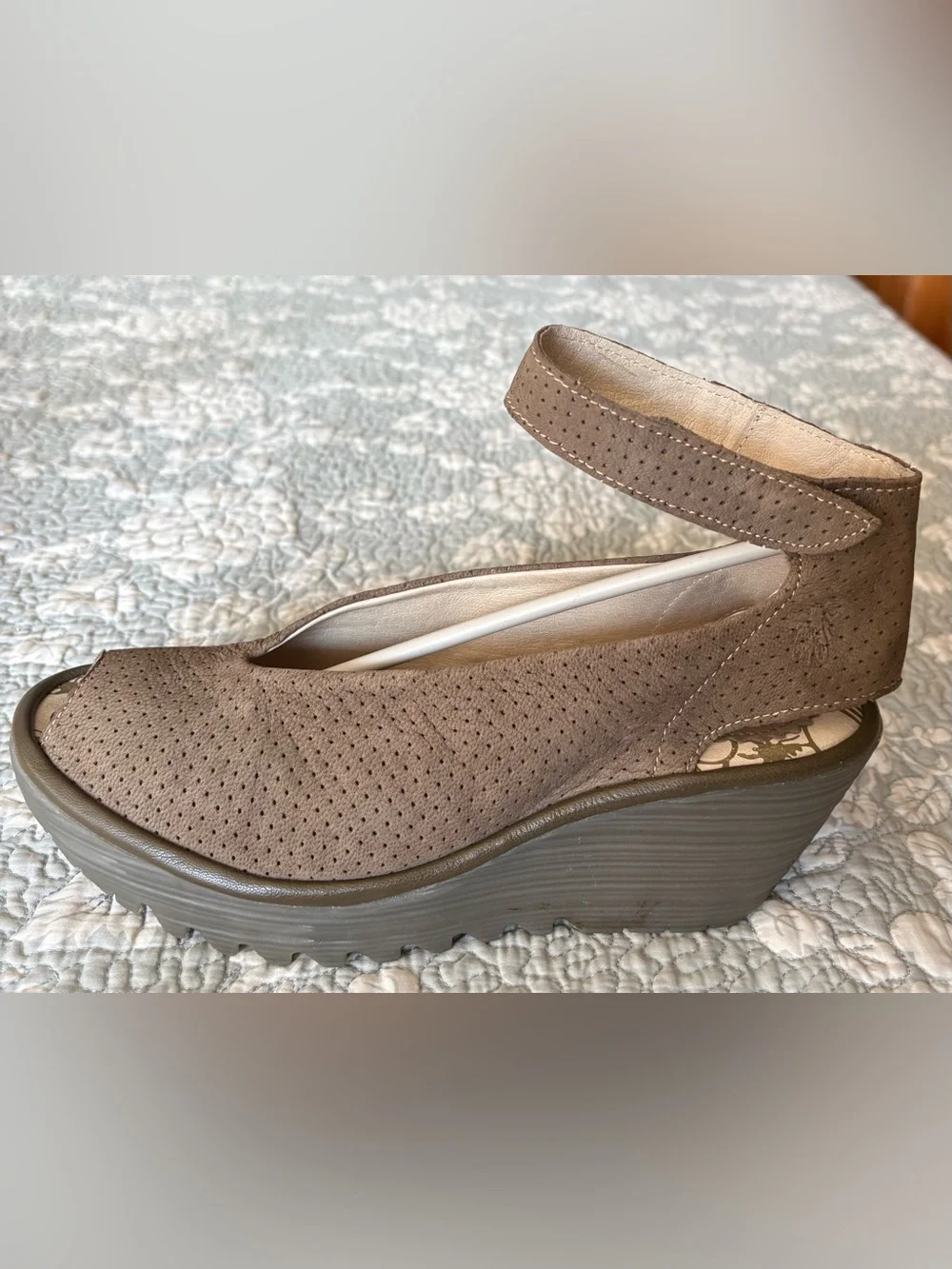 Fly London Yala Perf Platform Wedge Peep-Toe Ankle Strap Sandal - Taupe 39(8.5)